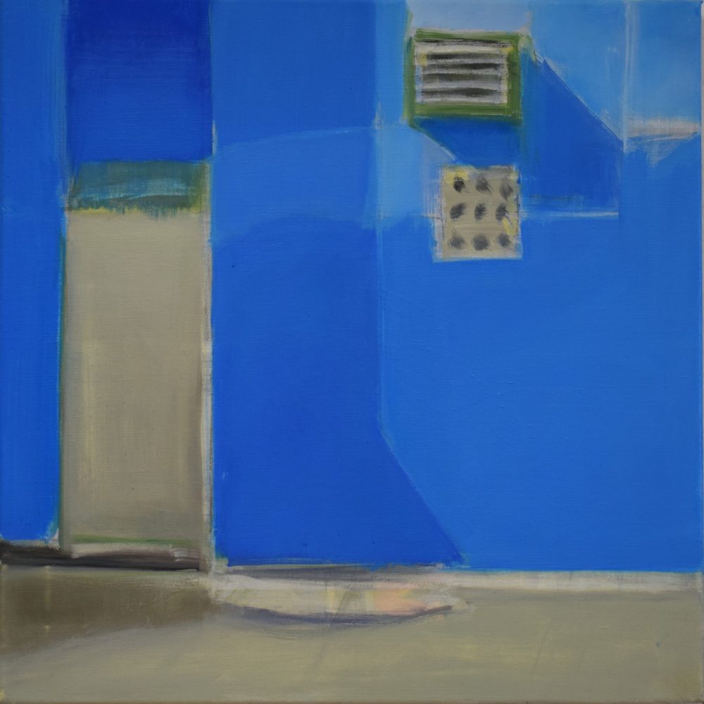 Gemälde eines Hauses mit blauer Wand, lyrische Abstraktion, dynamische Komposition, Freilichtmalerei, orthogonal, Komplementärfarben