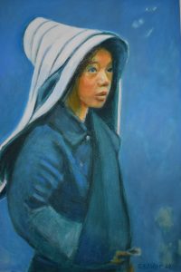Gemälde einer jungen Frau aus dem Himalaya in blauem Mantel und weißem Hut, figurative Malerei, Impressionismus, Hell-Dunkel