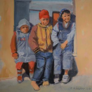 Ein Gemälde von drei Kindern, die vor einer Tür sitzen, Freilichtmalerei, Impressionismus, figurative Malerei