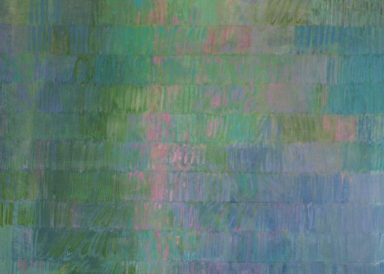 Gemälde in grüner, blauer und rosafarbener Farbgebung, abstraktes Gemälde, Farbfeld, irrisierend, impressionistisch, malerisch