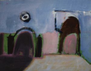 Gemälde eines Hauses mit rundem Fenster, semi-abstraktes Gemälde, lyrische Abstraktion, dynamische Komposition, Hell-Dunkel