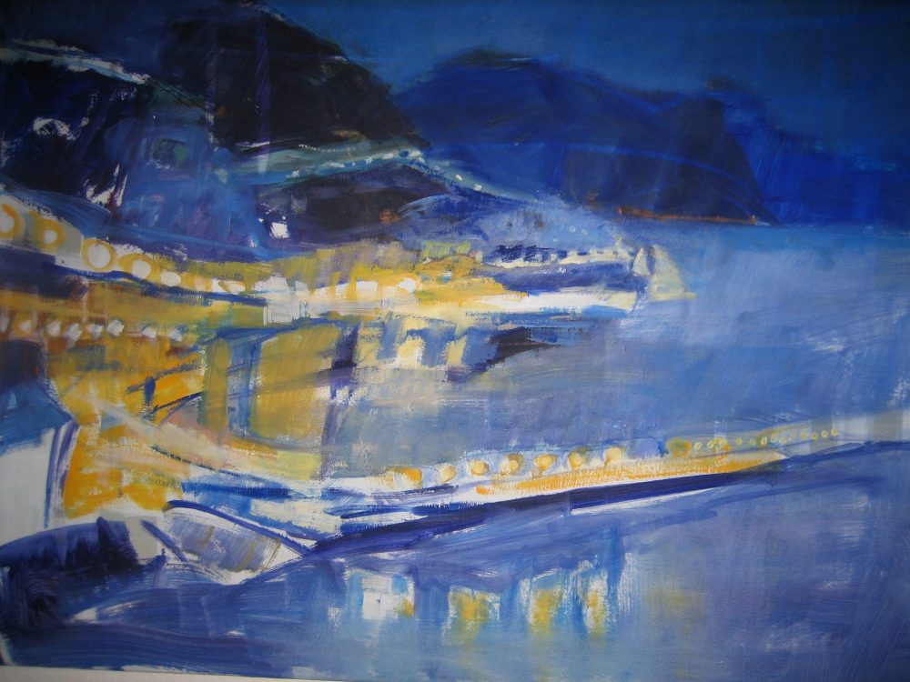Gemälde einer Küstenlandschaft in Blau und Gelb, semi-abstraktes Gemälde, Komplementärfarben, Nachtszenenmalerei, Hell-Dunkel, Impressionismus, Panorama