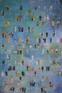Gemälde einer Vielzahl von Menschen, die in einem Farbfeld stehen, Detailmalerei, figurative Malerei, semi-abstrakt