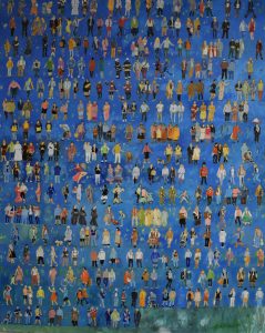 Ein Gemälde einer Vielzahl von Menschen, die in einem Farbfeld stehen, Detailmalerei, figurative Malerei, semi-abstrakt