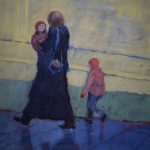 Gemälde einer Frau, die eines ihrer beiden Kinder hält, Stadtszene, figurative Kunst, Impressionismus, Pleinair, halbabstrakt