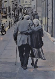 Gemälde eines älteren Paares auf einem Bürgersteig spazierend, detailliertes Gemälde, figurative Kunst, Impressionismus, Pleinair, Stadtszene, Realismu