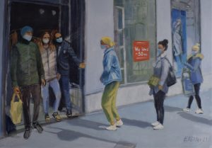 Gemälde einer Gruppe von Menschen, die vor einem Gebäude stehen, amerikanischer Realismus, figurative Malerei, Pleinair