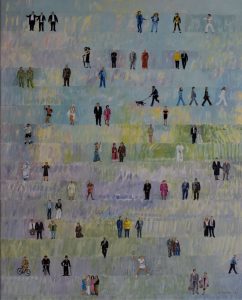 Ein Gemälde einer Gruppe von Menschen, die in einem Farbfeld stehen, Detailmalerei, figurative Malerei, semi-abstrakt, Suchbild