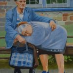 ein Gemälde einer älteren Paares, die auf einer Bank sitzen, figurative Kunst, Öl auf Leinwand, detaillierte Malerei, Portrait