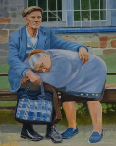 ein Gemälde einer älteren Paares, die auf einer Bank sitzen, figurative Kunst, Öl auf Leinwand, detaillierte Malerei, Portrait