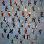 Ein Gemälde einer Vielzahl von Menschen, die auf einem Farbfeld Tango tanzen, Detailmalerei, figurative Malerei, semi-abstrakt